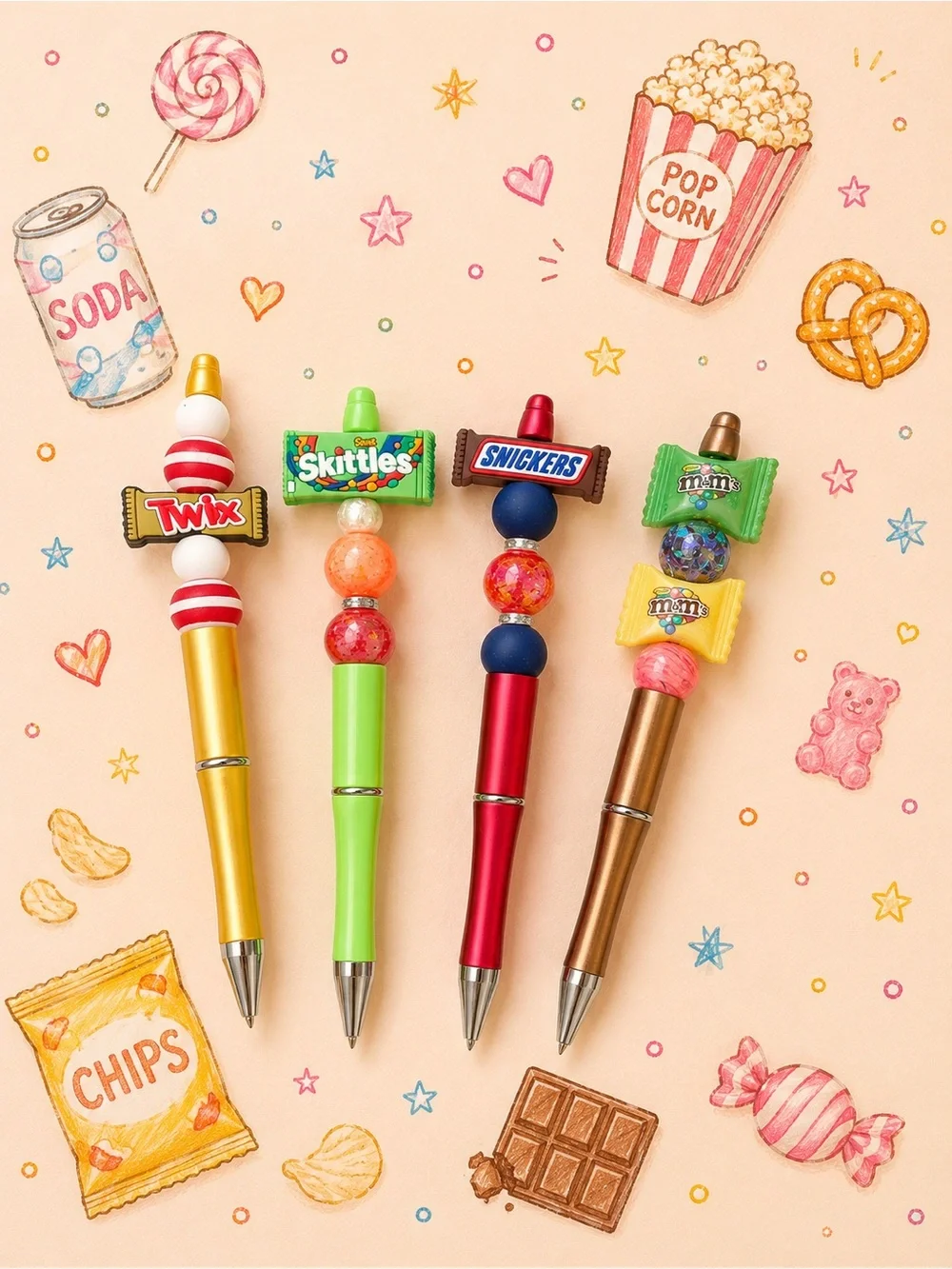 Set of 8 Candy & Snack Topped Ballpoint Pen Set - Colorful handmade
